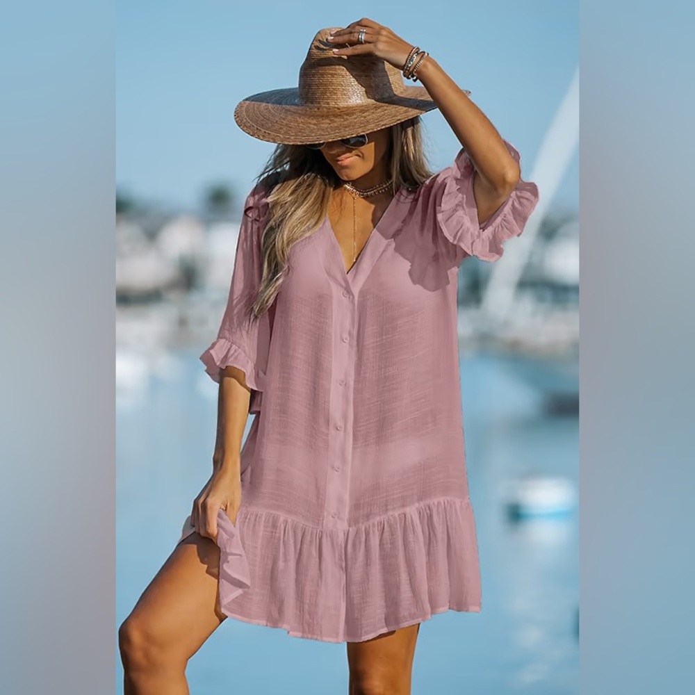Cupshe Dusty Rose Front Button Ruffled Cover-Up Dress‎